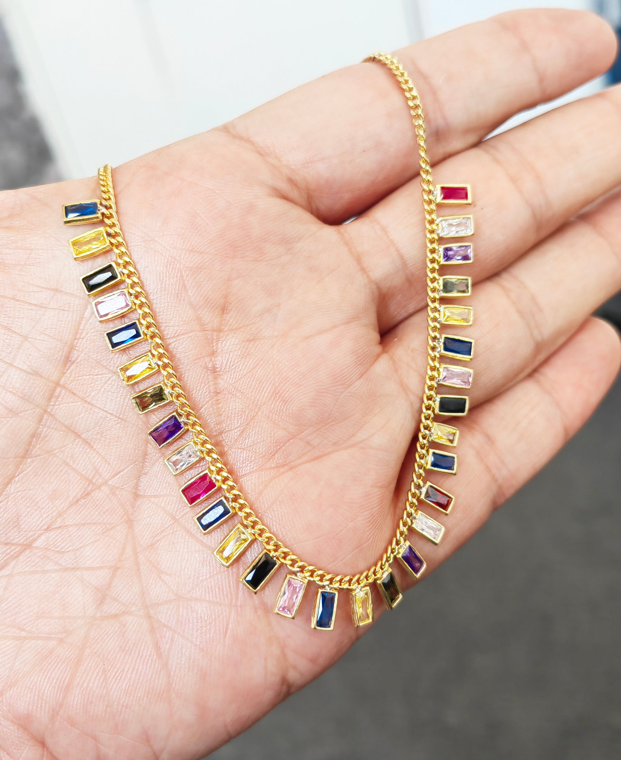 Colorful Baguette Stone Pendant Necklace, Rainbow Multi Color Dangle Choker Necklace, Rainbow Gemstone Necklace, Vibrant Handmade Colorful