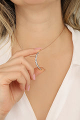 White Stone Thin Moon Silver Necklace