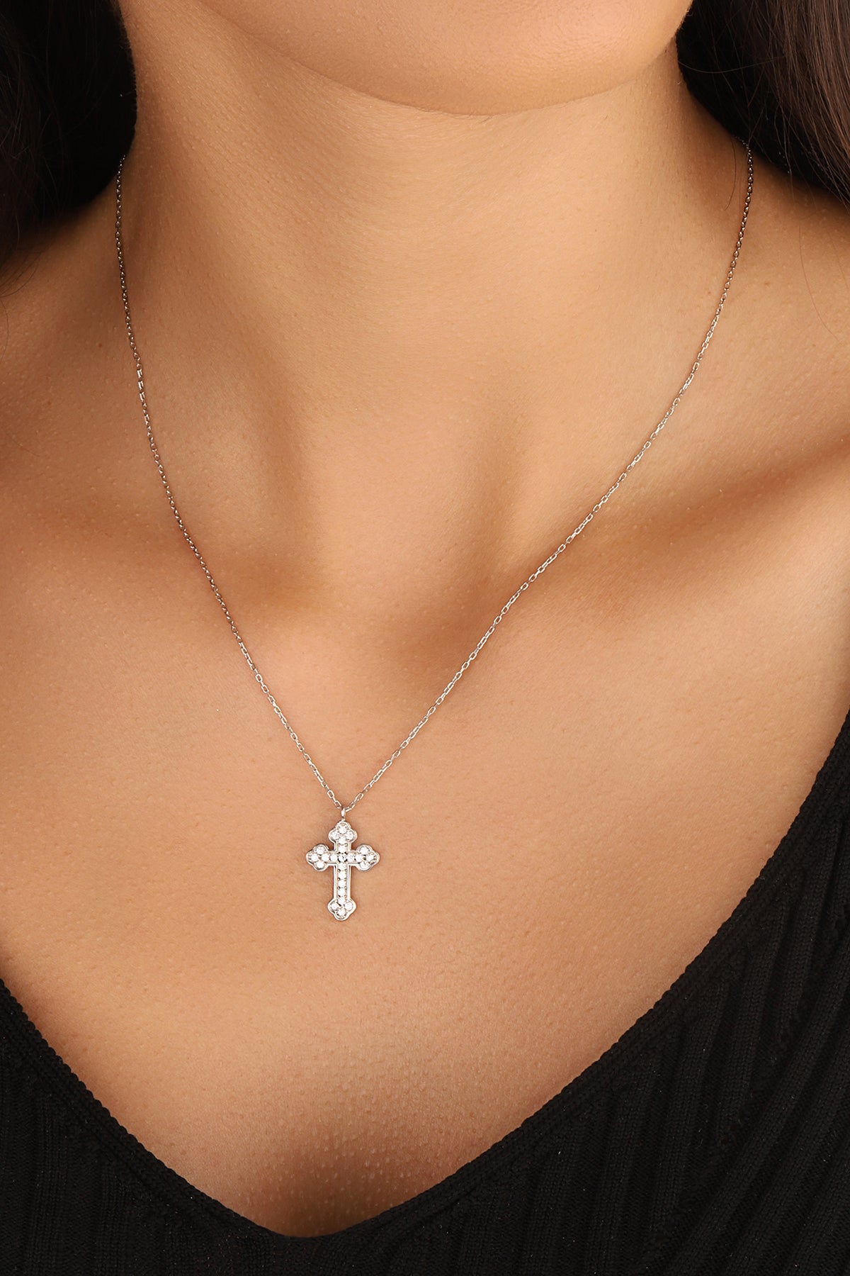 White Stone Silver Cross Necklace