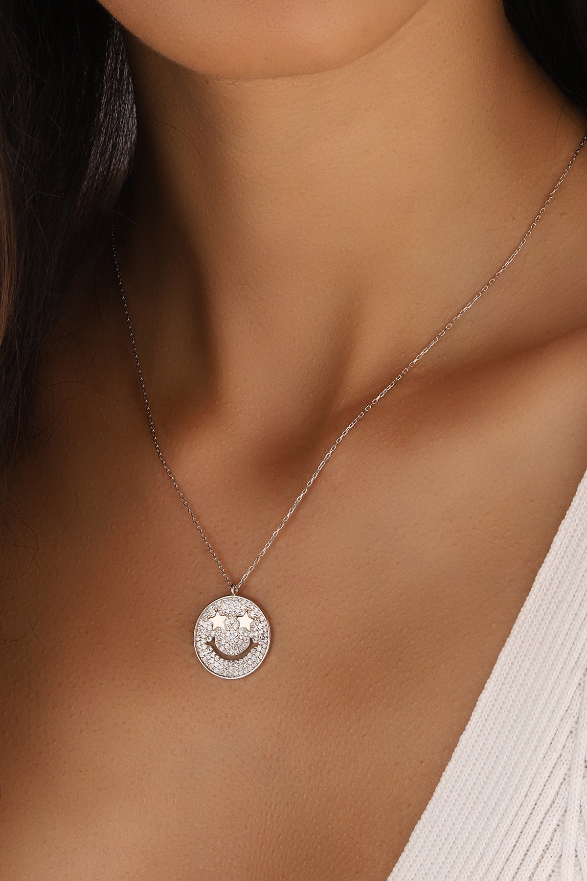 Smiling Face Emoji Silver Necklace with White Stone, Smiley Face Necklace, Smile Necklace