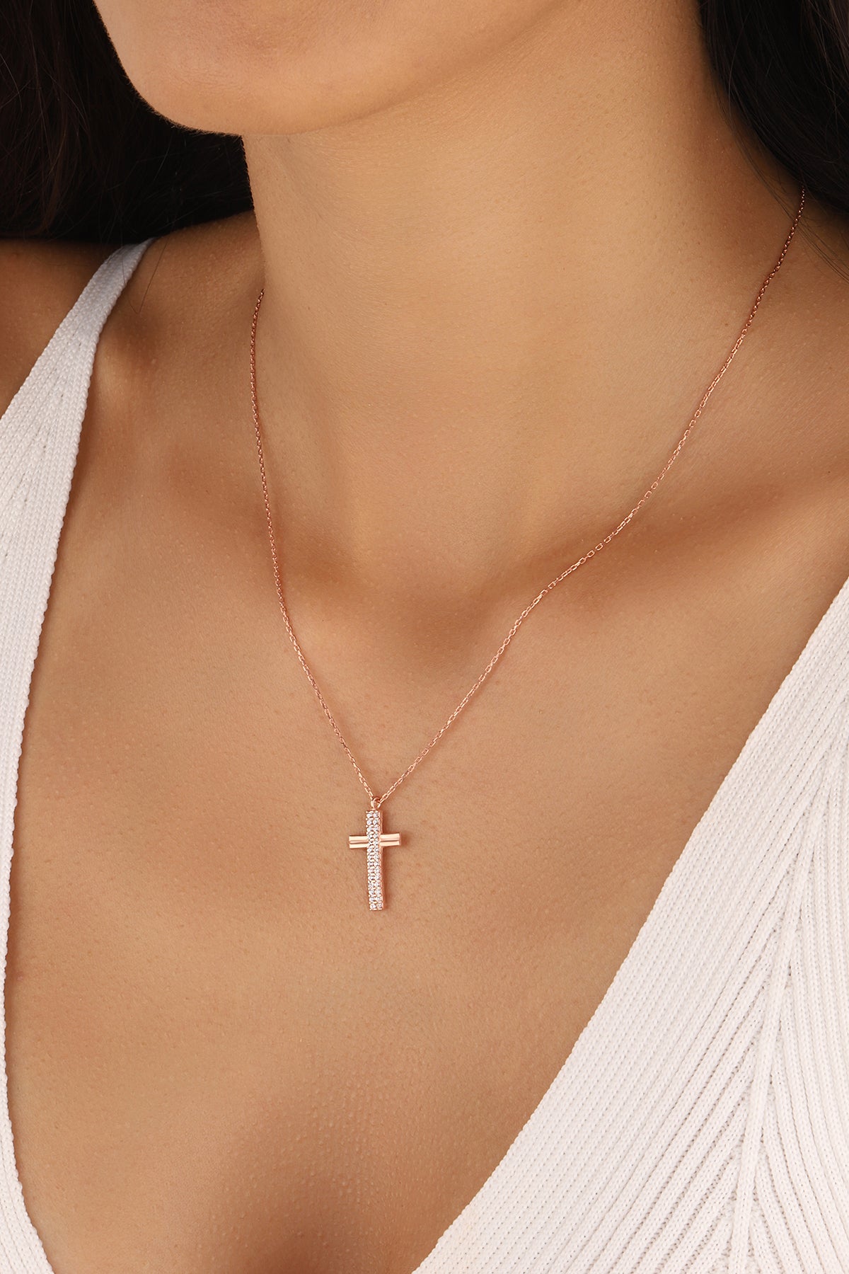 Cross Necklace, 14K Chain Necklace, Cross Pendant Necklace with white Stone