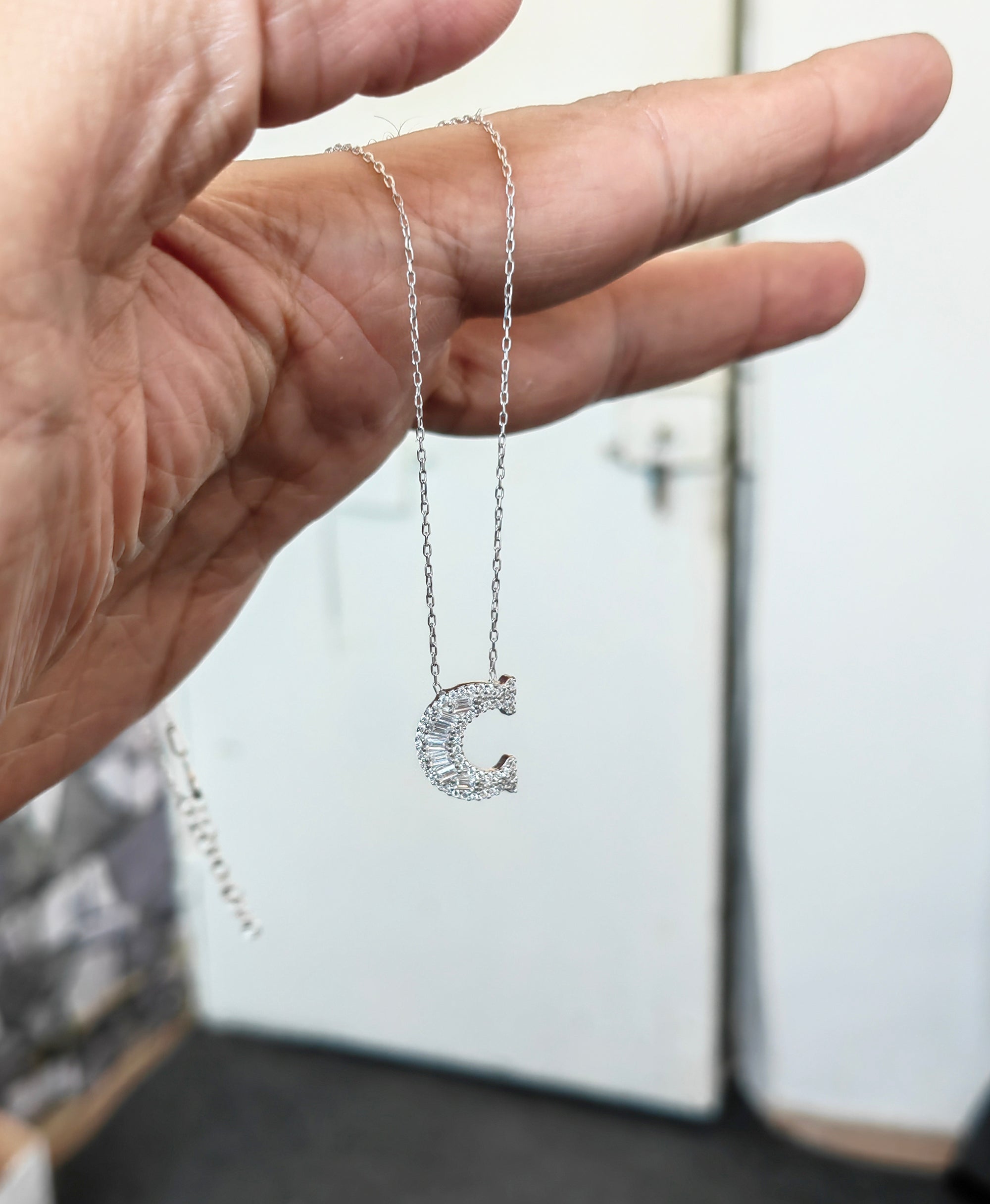 Baguette Stone Diamond Model 925 Silver Letter Necklace, Diamond Initial Necklace / A Letter Necklace / Baguette Necklace