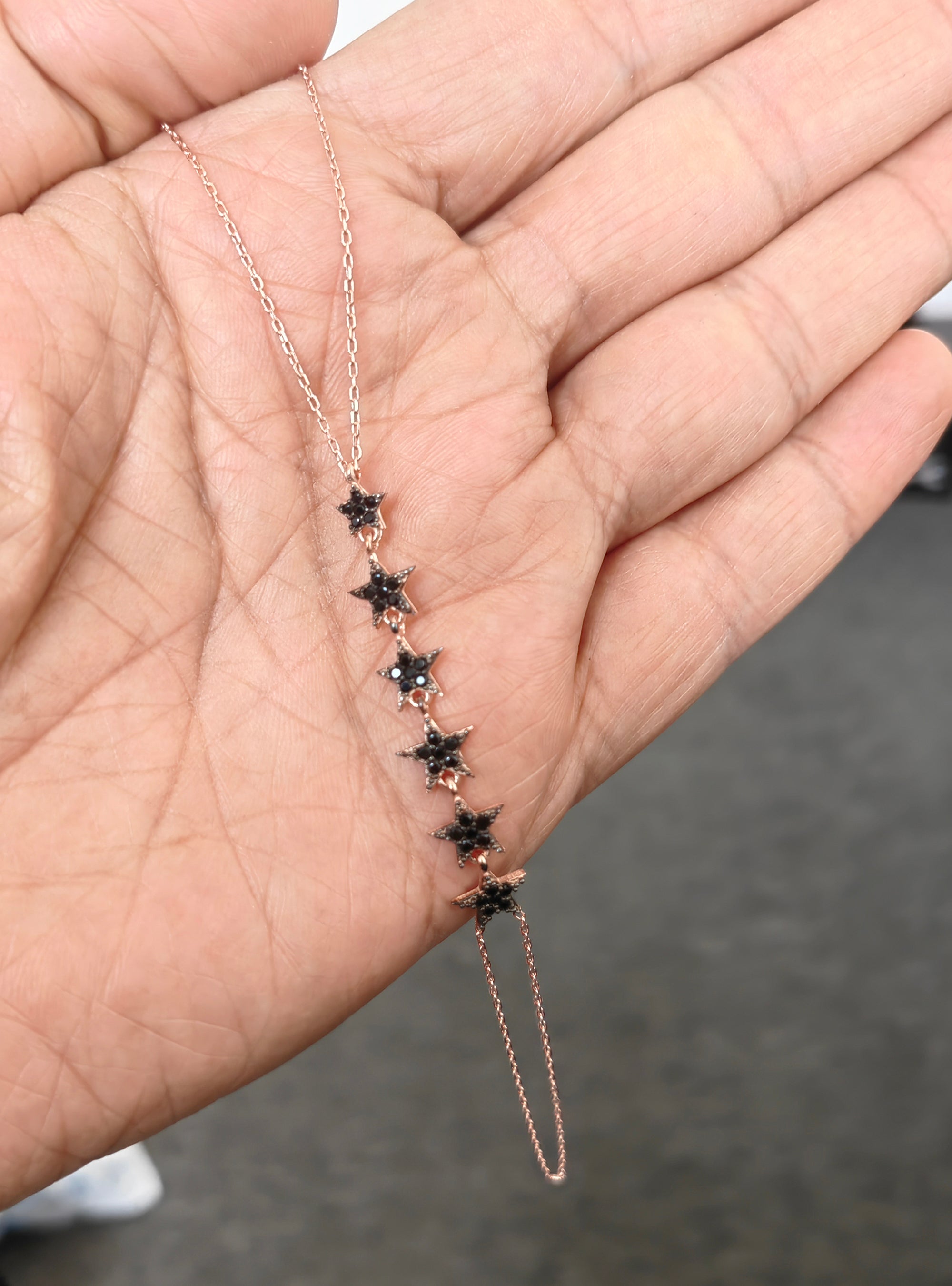 Black Stone Lined Star Silver Sahmaran, Delicate Ring Bracelet | Dainty Ring Bracelet | Gold Finger Bracelet | Delicate Hand Jewelry Slave