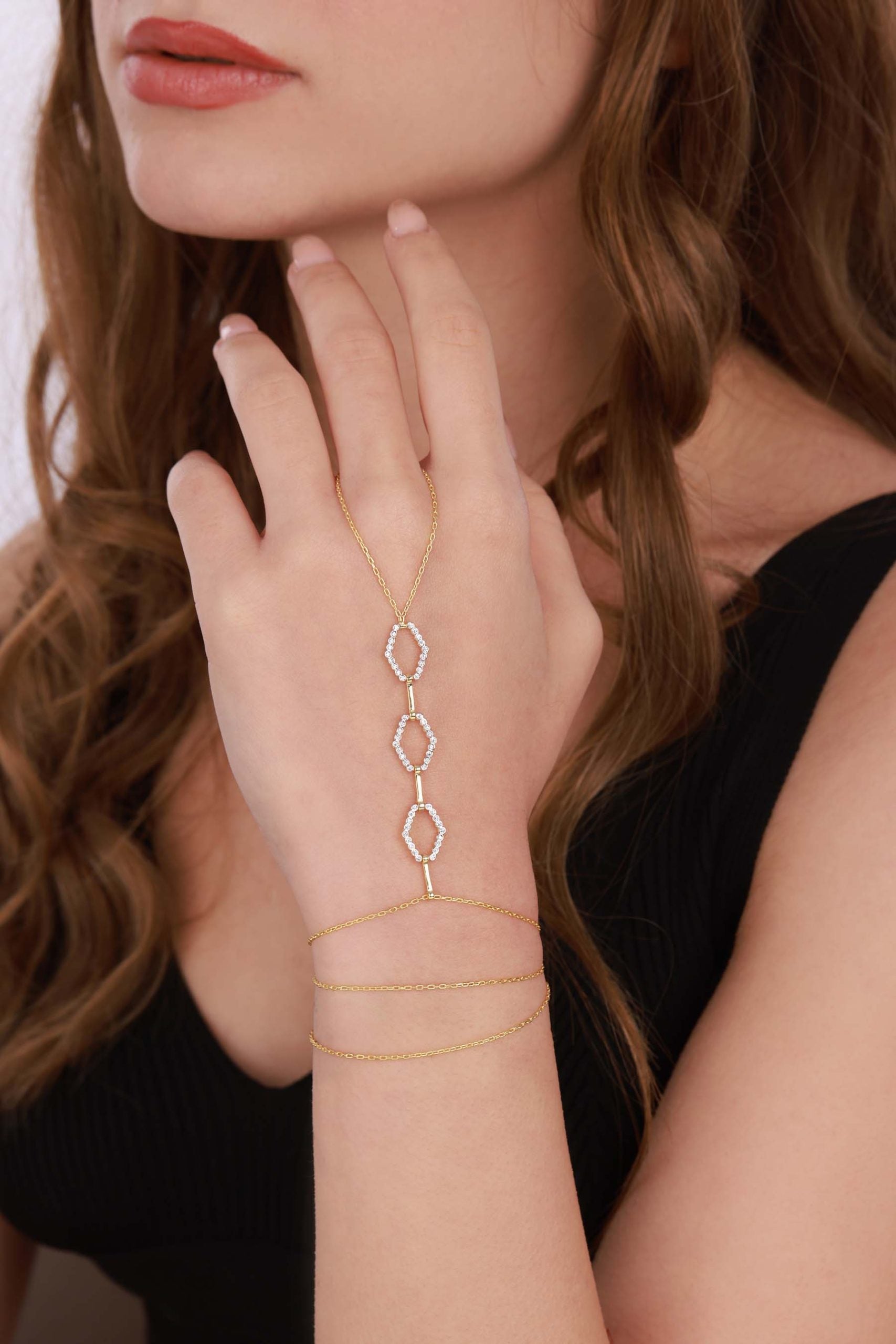 Row Hexagon Model Silver Hand Bracelet for Women