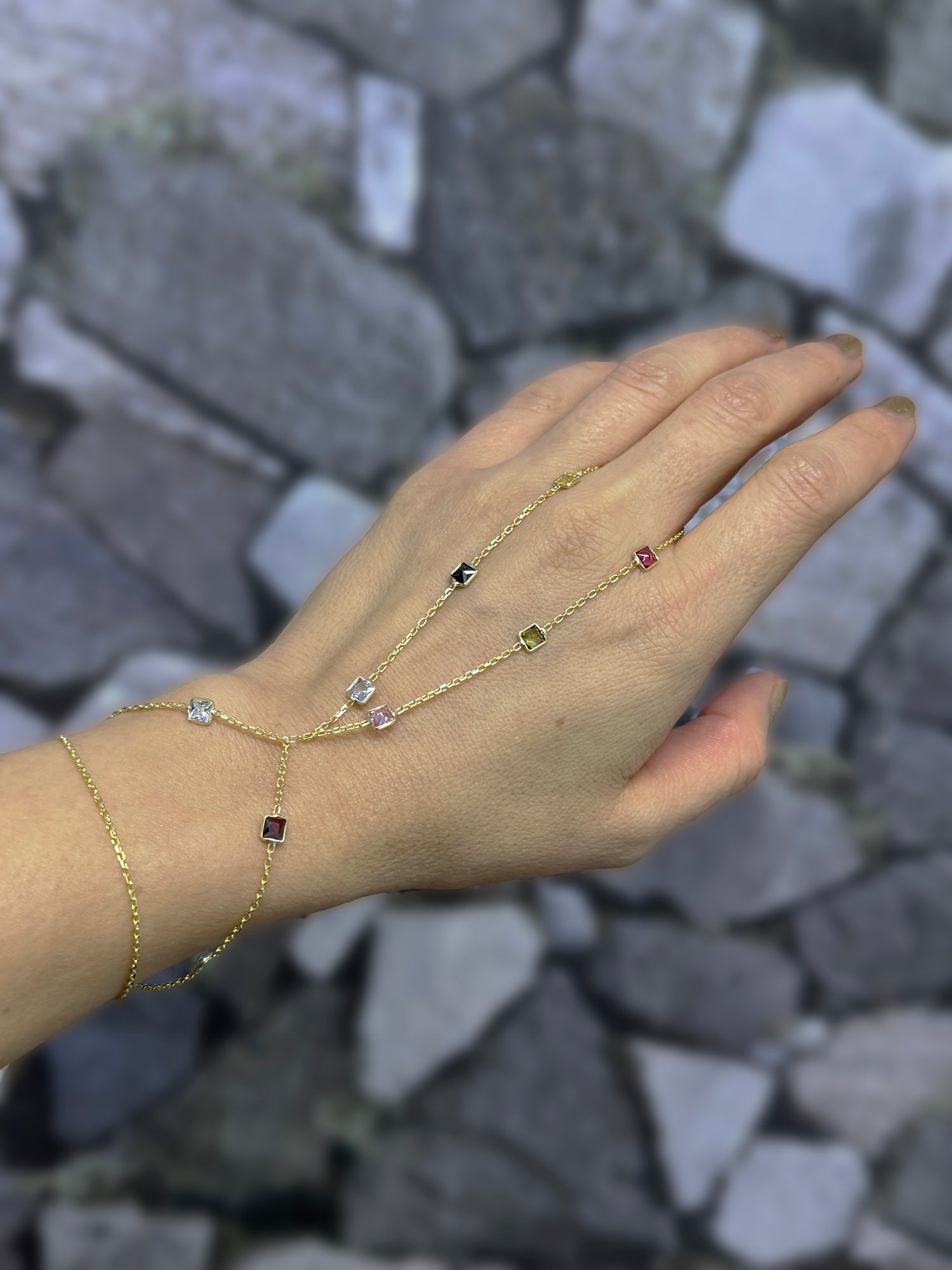 925 Sterling Silver Slave Bracelet with Colorful Stones – Eye-Catching Hand Jewelry