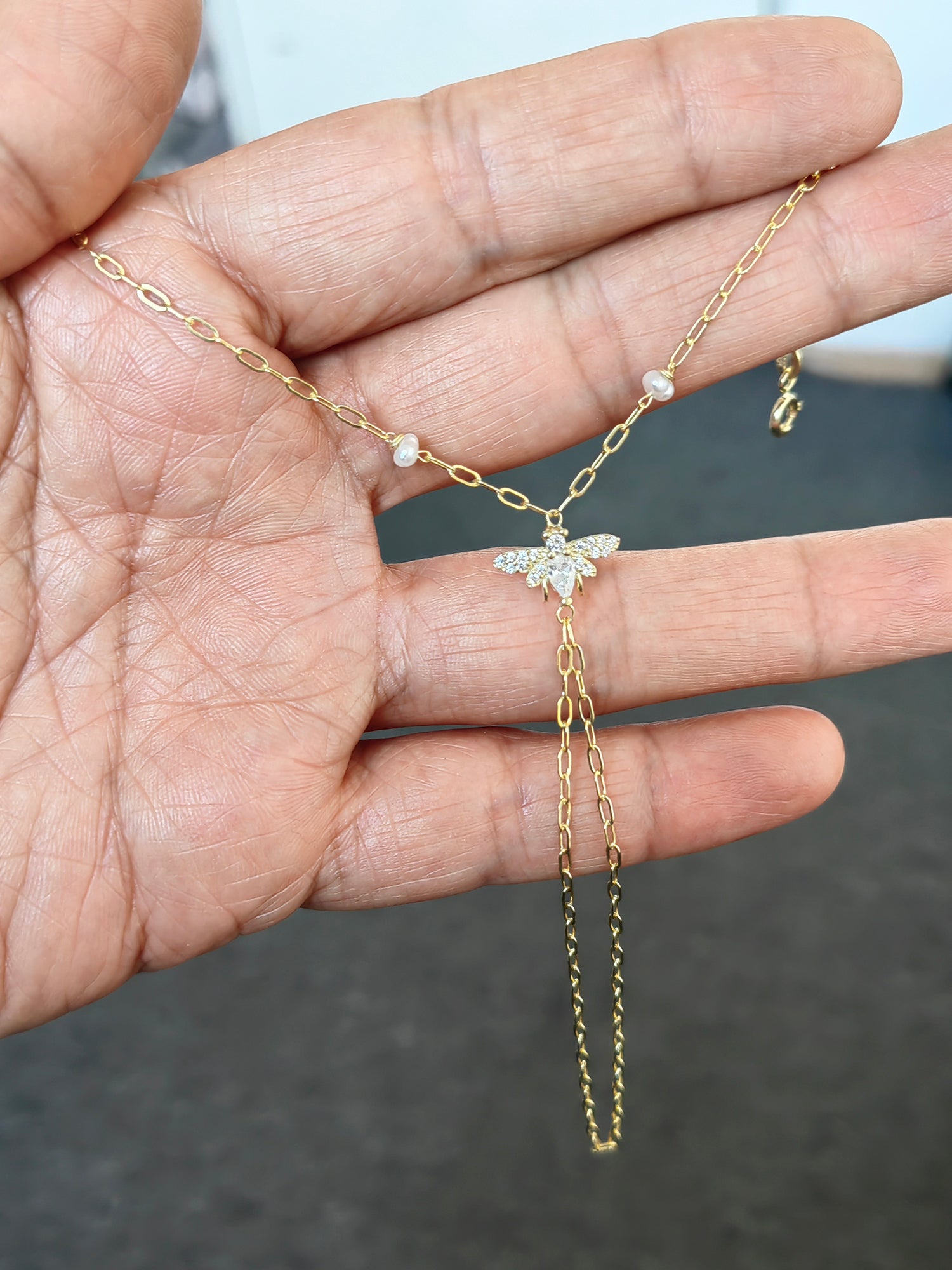 Natural Pearl Dragonfly Silver Slave Bracelet – Elegant Hand Chain Jewelry