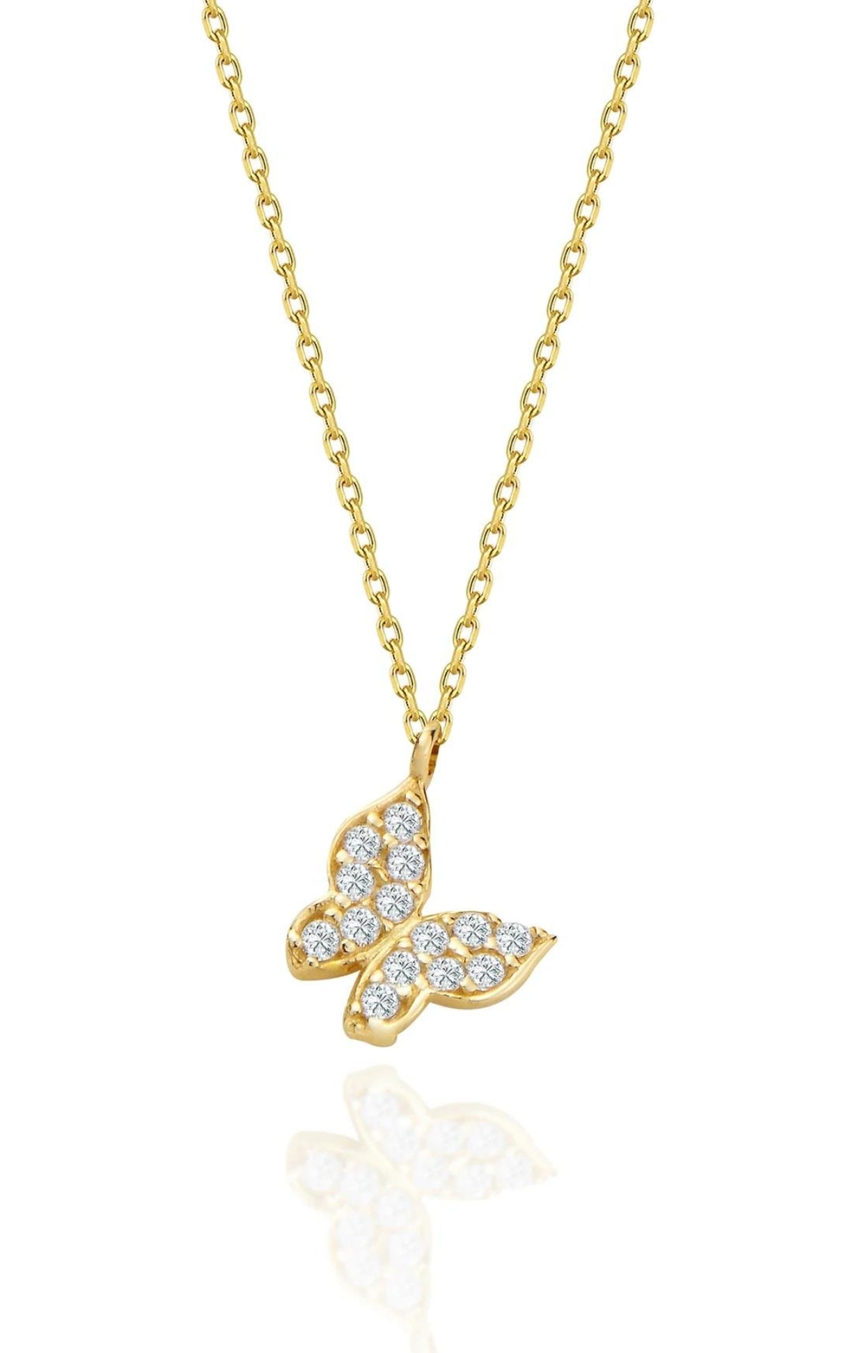 Dainty 14 Karat Gold Butterfly CZ Necklace – Solid Gold White Stone Charm Pendant, Elegant Gift for Her