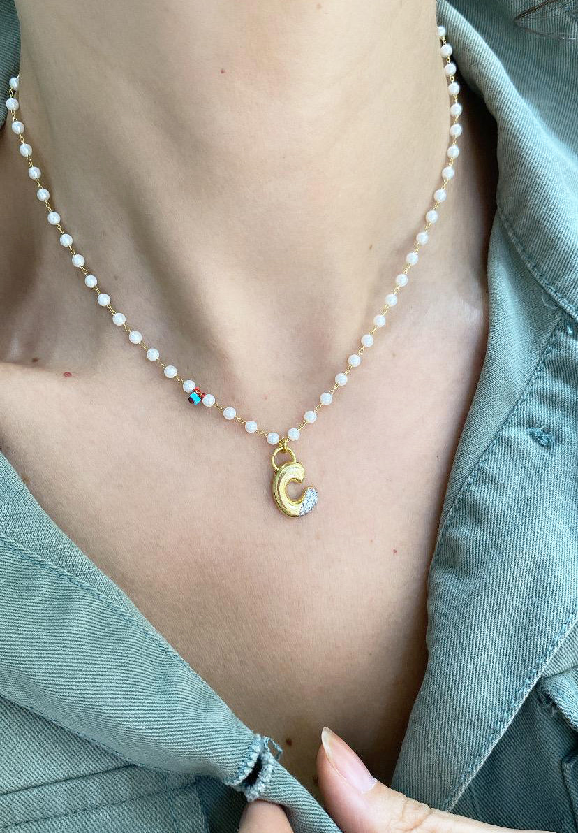 Personalized Pearl Initial Necklace - Dainty Gold Letter Monogram Jewelry - 925 sterling silver charm