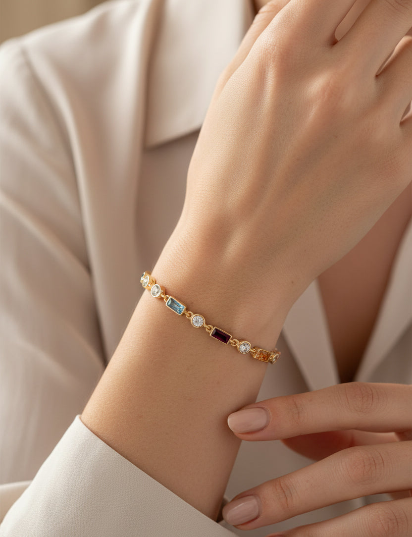 Rainbow sapphire emerald ruby multi gem tennis bracelet chain, 925 Silver Link Chain Bracelet – Handmade Simple Jewelry for Men & Women