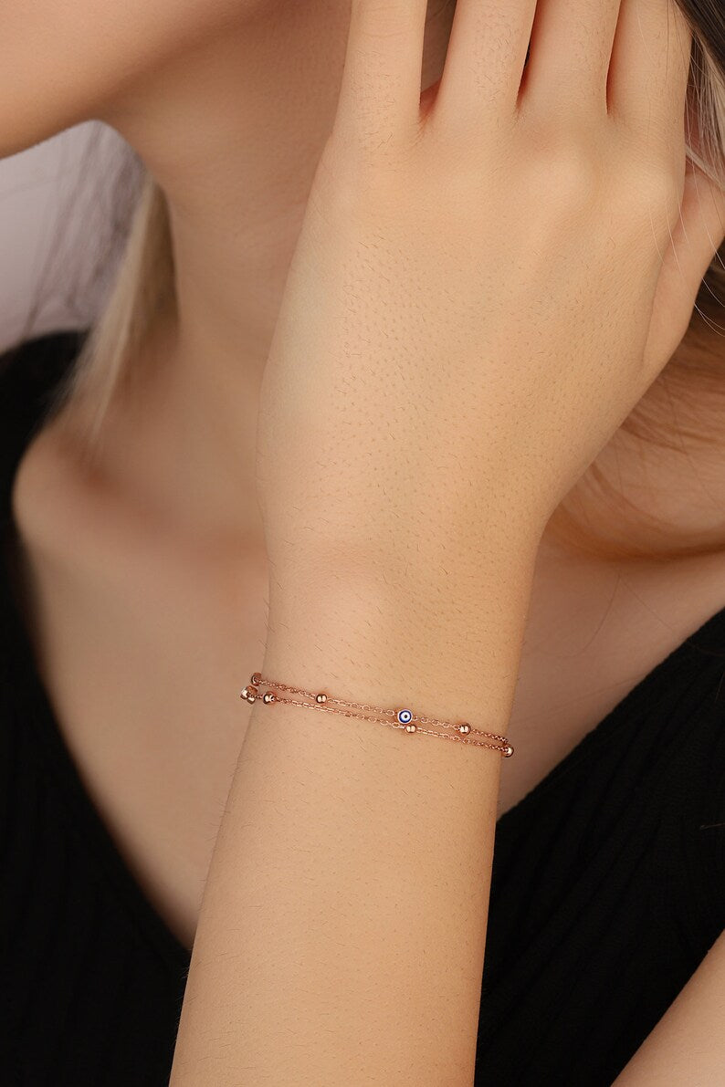 Enamel Evil Eye Beaded Silver Chain Bracelet, chain bracelet, evil eye beaded bracelet, blue evil eye, evil eye jewelry