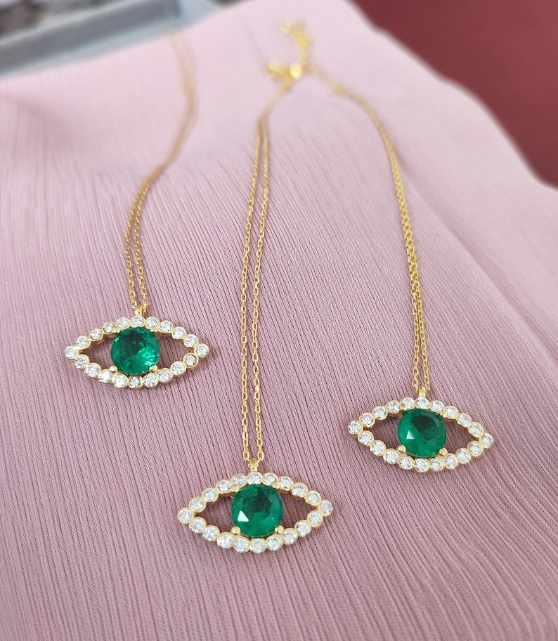 14K Gold Green Evil Eye Necklace: Sterling Silver Jewelry