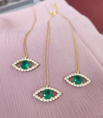 14K Gold Green Evil Eye Necklace: Sterling Silver Jewelry