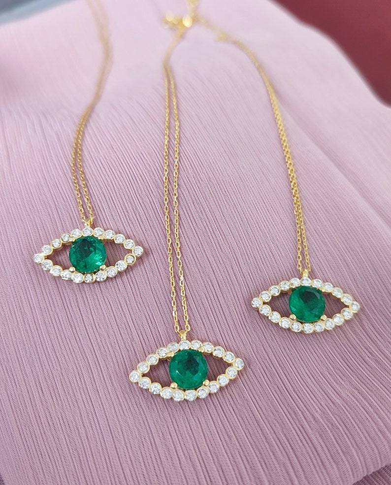 14K Gold Green Evil Eye Necklace: Sterling Silver Jewelry