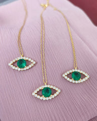 14K Gold Green Evil Eye Necklace: Sterling Silver Jewelry