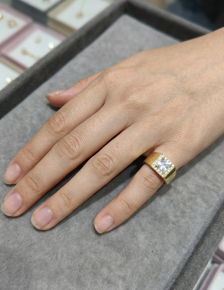 Gold Plated Adjustable Pinky Ring 925 Silver Square CZ Halo Signet Band