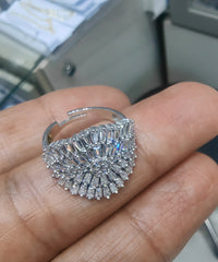 White Gold Cocktail Ring, Pave and Baguette Diamond Simulant Ring, Oval Statement Band, Boho Bridal Jewelry, Gift for Wife