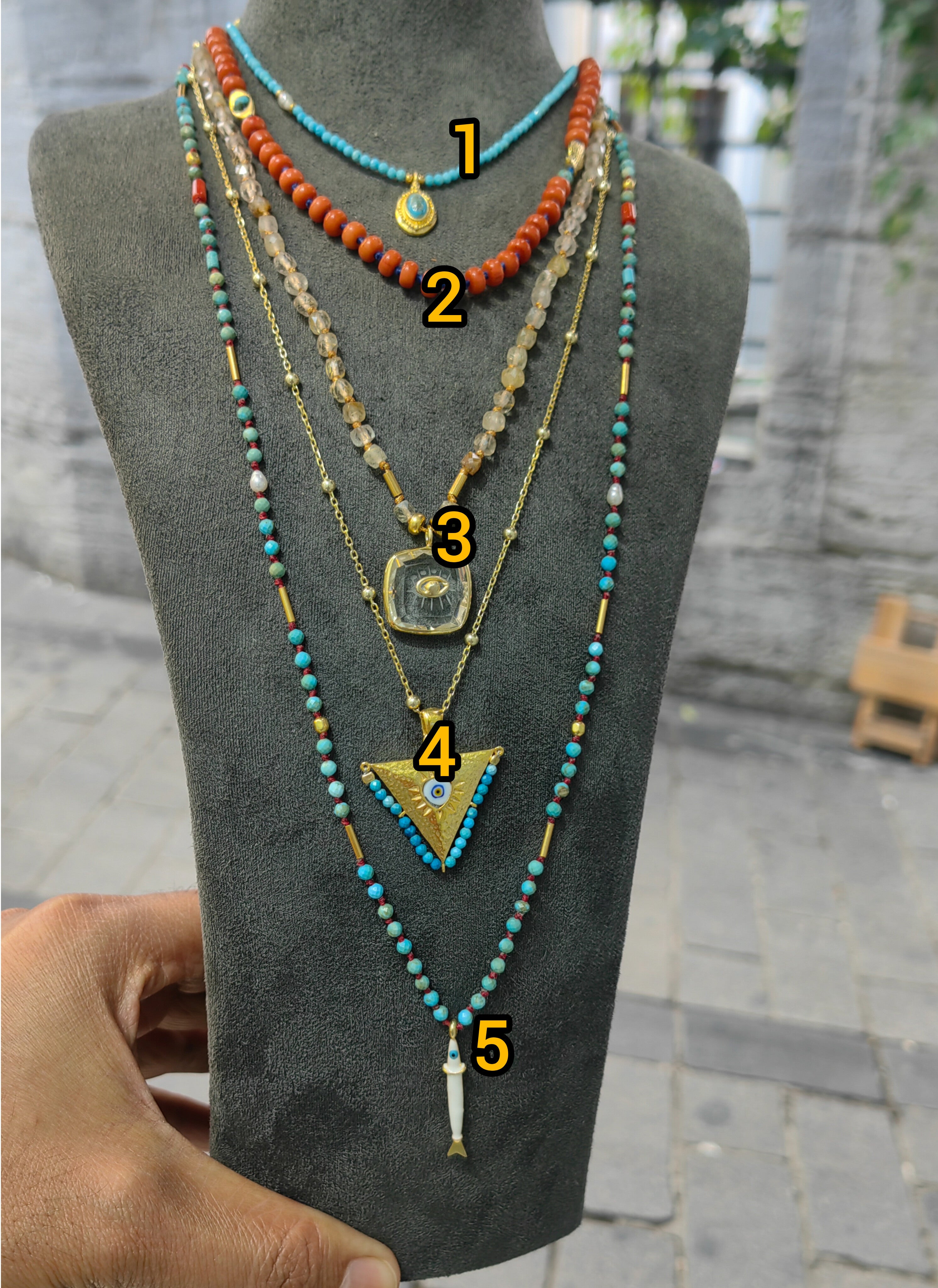 925 Sterling Silver Boho Layered Necklace Set - Turquoise Carnelian Natural Stones