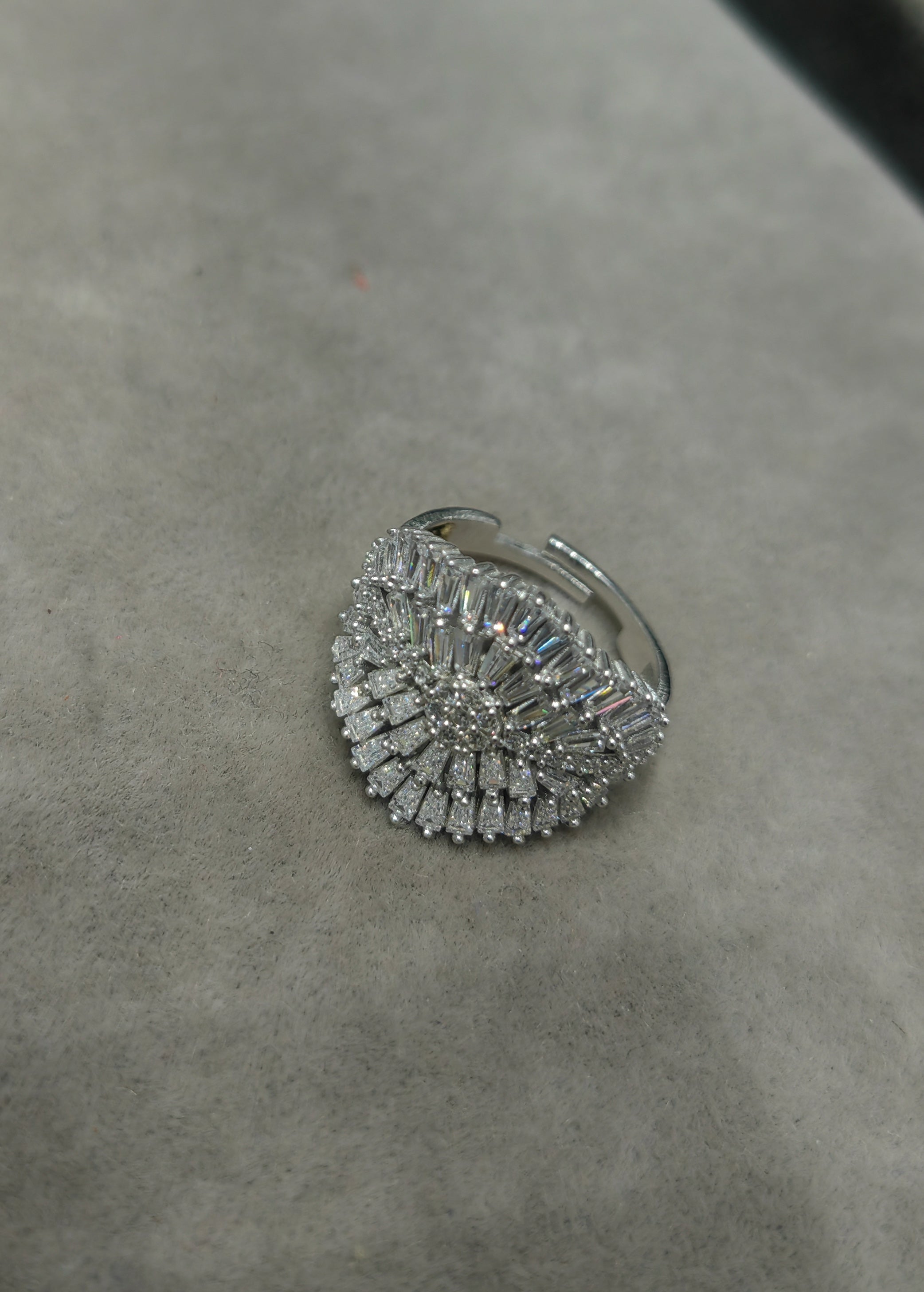 White Gold Cocktail Ring, Pave and Baguette Diamond Simulant Ring, Oval Statement Band, Boho Bridal Jewelry, Gift for Wife