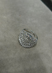 White Gold Cocktail Ring, Pave and Baguette Diamond Simulant Ring, Oval Statement Band, Boho Bridal Jewelry, Gift for Wife