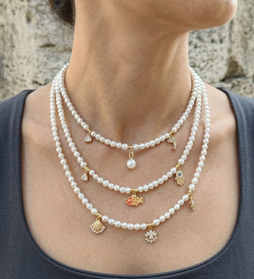 Handcrafted 4mm Freshwater Pearl Mixed Charm Sterling Silver Necklace – Dainty Multi Object Beaded Layering Necklace, Boho Eclectic Jewelry Gift for Her