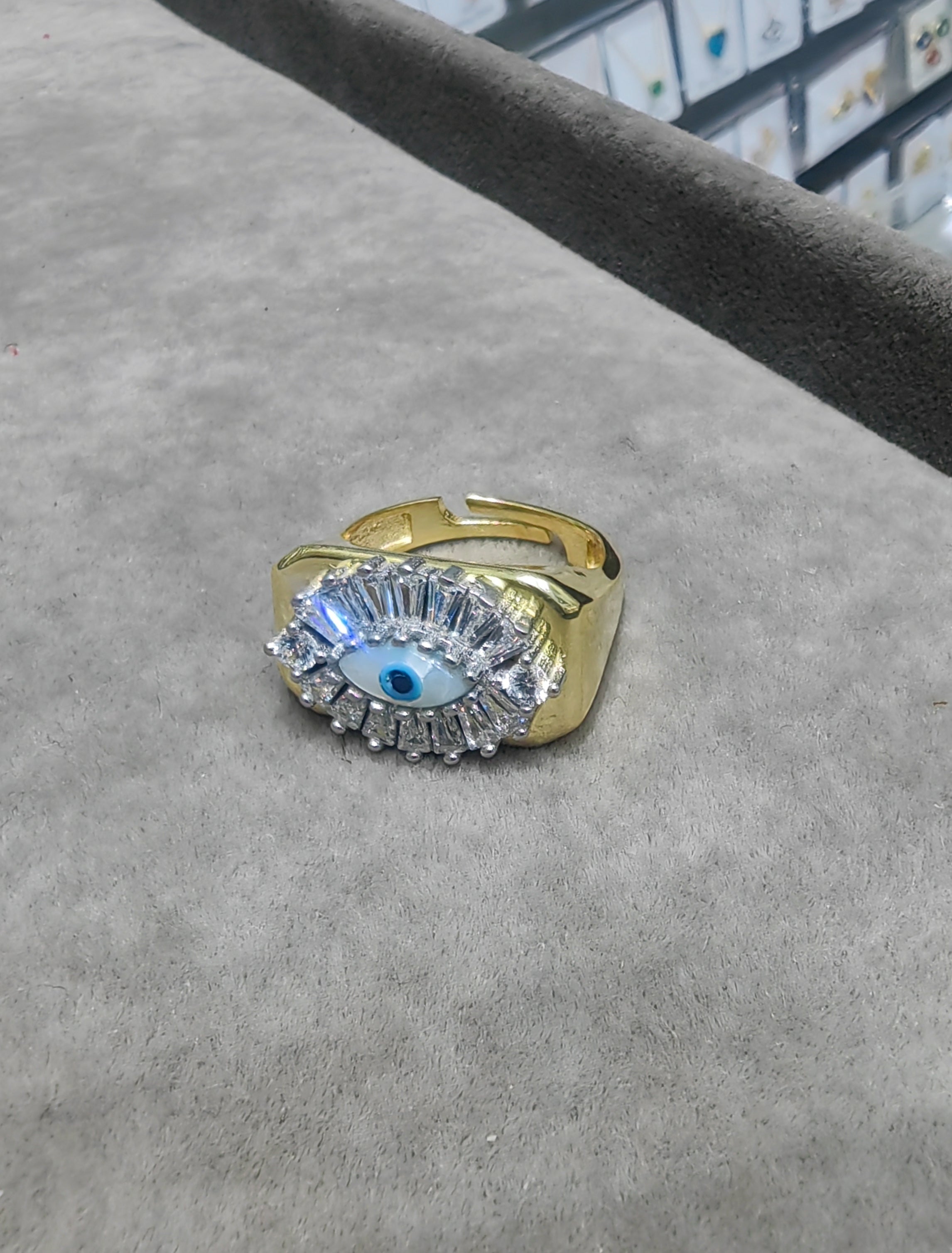 925 Sterling Silver Gold Vermeil Evil Eye Ring Baguette CZ Halo Open Band