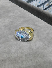 925 Sterling Silver Gold Vermeil Evil Eye Ring Baguette CZ Halo Open Band