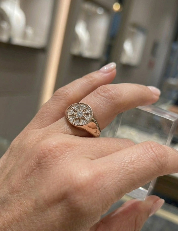 Compass of the Confident – 925 Sterling Silver CZ Pave Starburst Signet Ring, Chunky Gold Celestial Statement Ring in Yellow Gold · Rose Gold · Rhodium