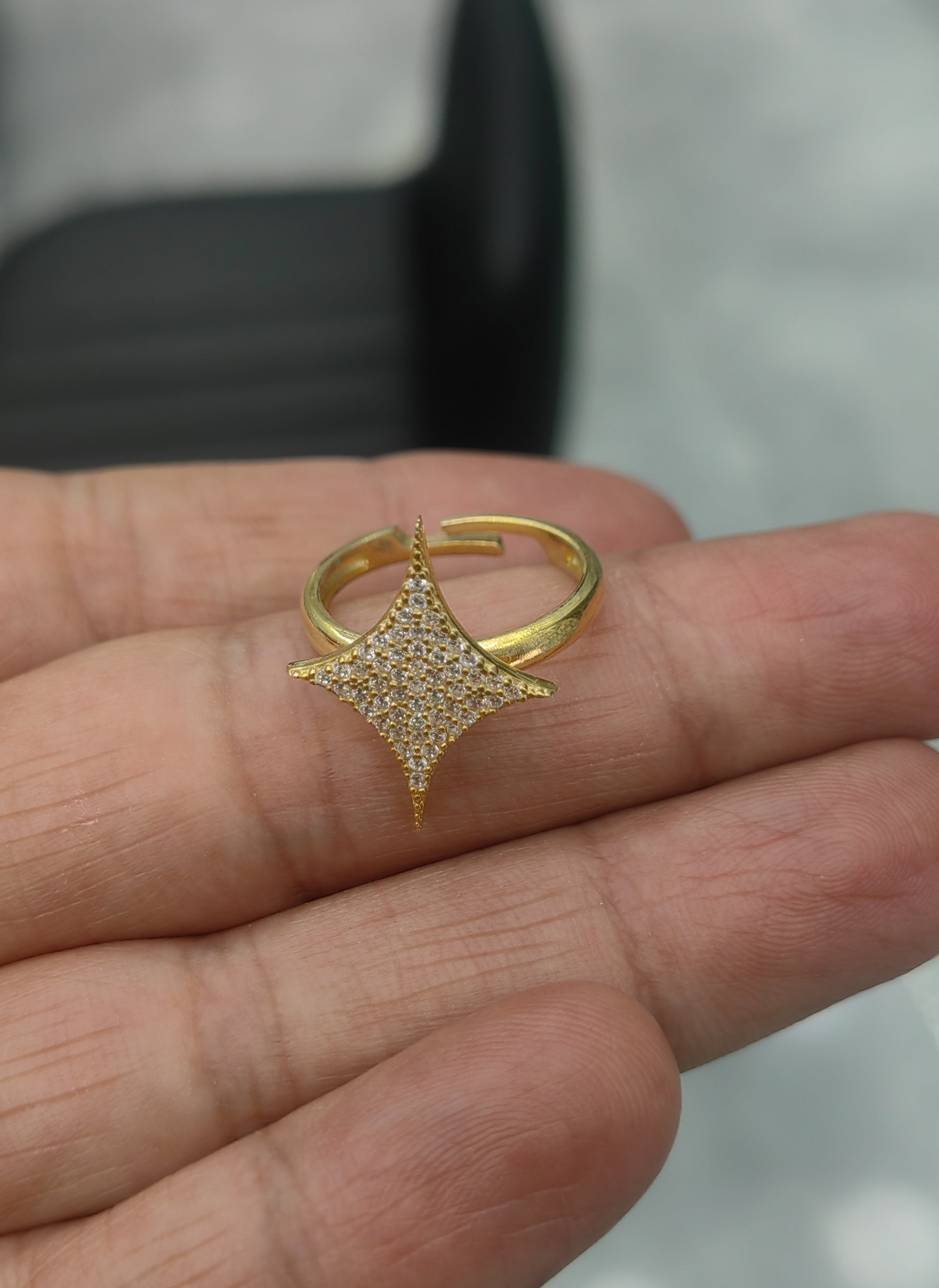 Caught Mid-Sparkle – 925 Sterling Silver Full Pave CZ Four Point Star Ring, Adjustable Celestial Statement Ring in Yellow Gold or Rhodium