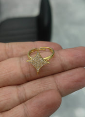 Caught Mid-Sparkle – 925 Sterling Silver Full Pave CZ Four Point Star Ring, Adjustable Celestial Statement Ring in Yellow Gold or Rhodium