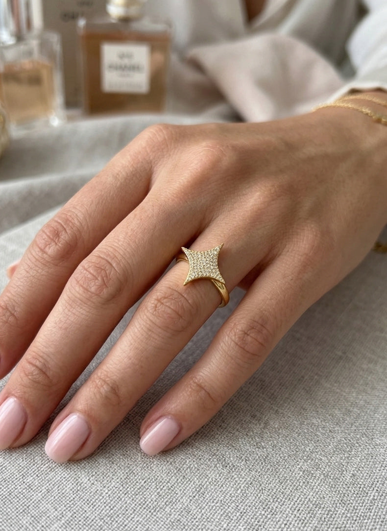 Caught Mid-Sparkle – 925 Sterling Silver Full Pave CZ Four Point Star Ring, Adjustable Celestial Statement Ring in Yellow Gold or Rhodium