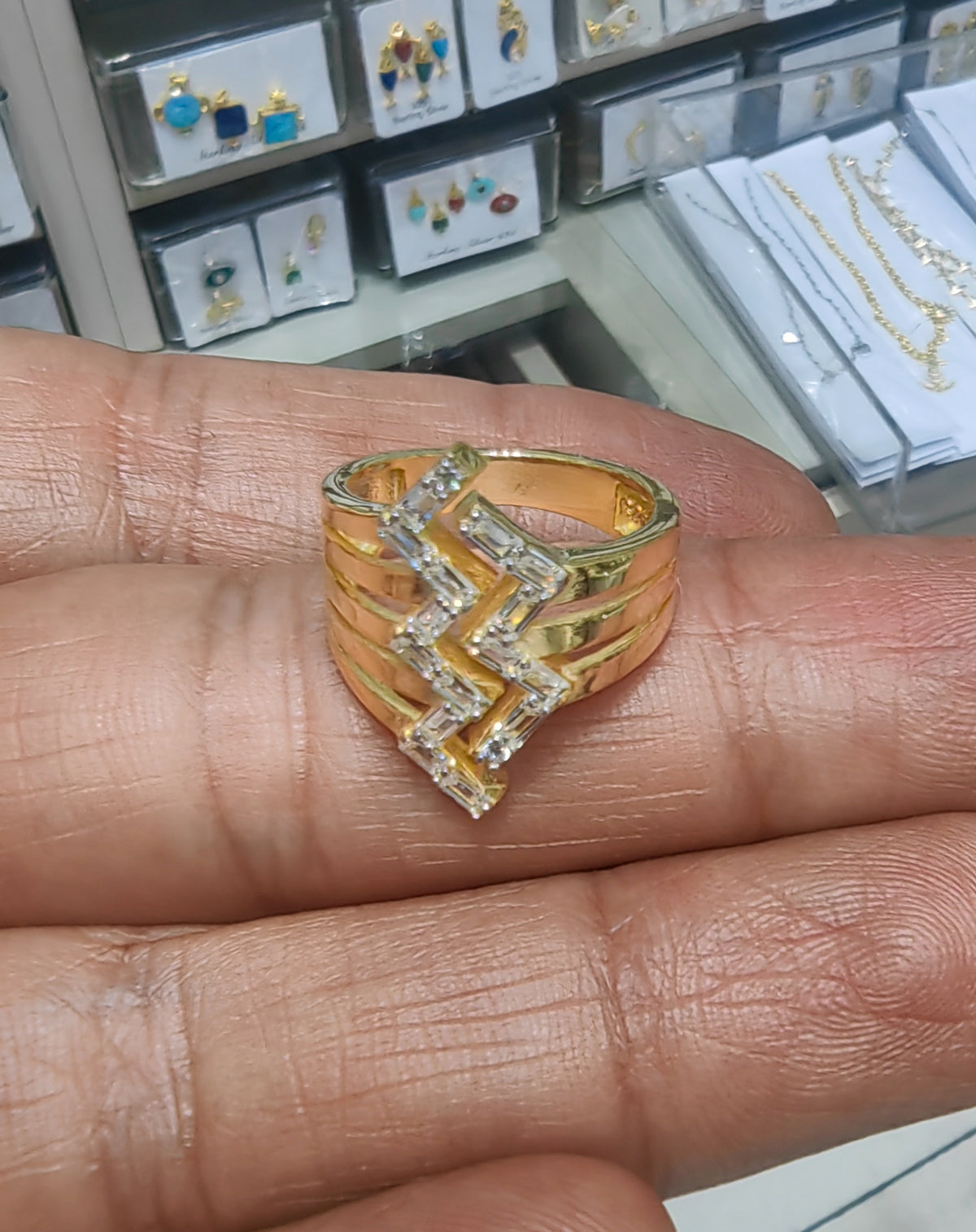 Gold Zig Zag Baguette Ring, 925 Sterling Silver Wide Band Ring, Geometric Chevron Cocktail Ring, Gold Vermeil Statement Ring, Unique Gift for Her