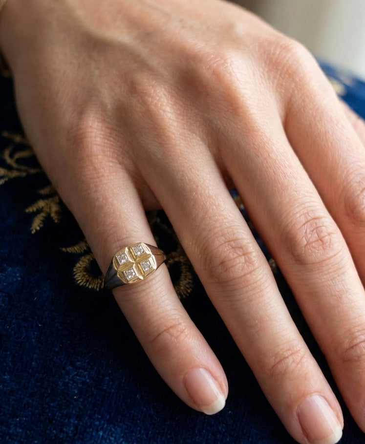 Four Squares, Infinite Elegance – Cubic Zirconia Set Geometric Signet Ring in 925 Silver, Unisex Architectural Fine Jewelry in Three Finishes