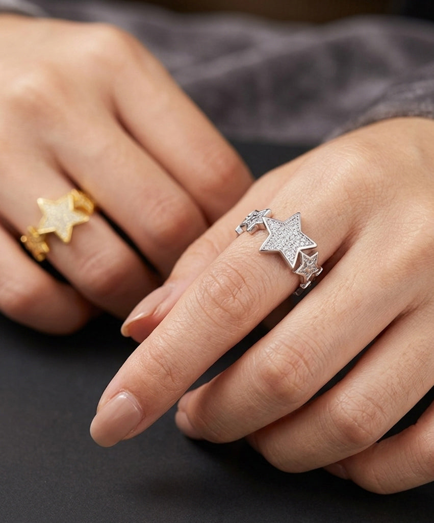 Every Link a Star – Cubic Zirconia Star Motif Chain Band Ring in 925 Silver, Available in Yellow Gold and Rhodium Finish