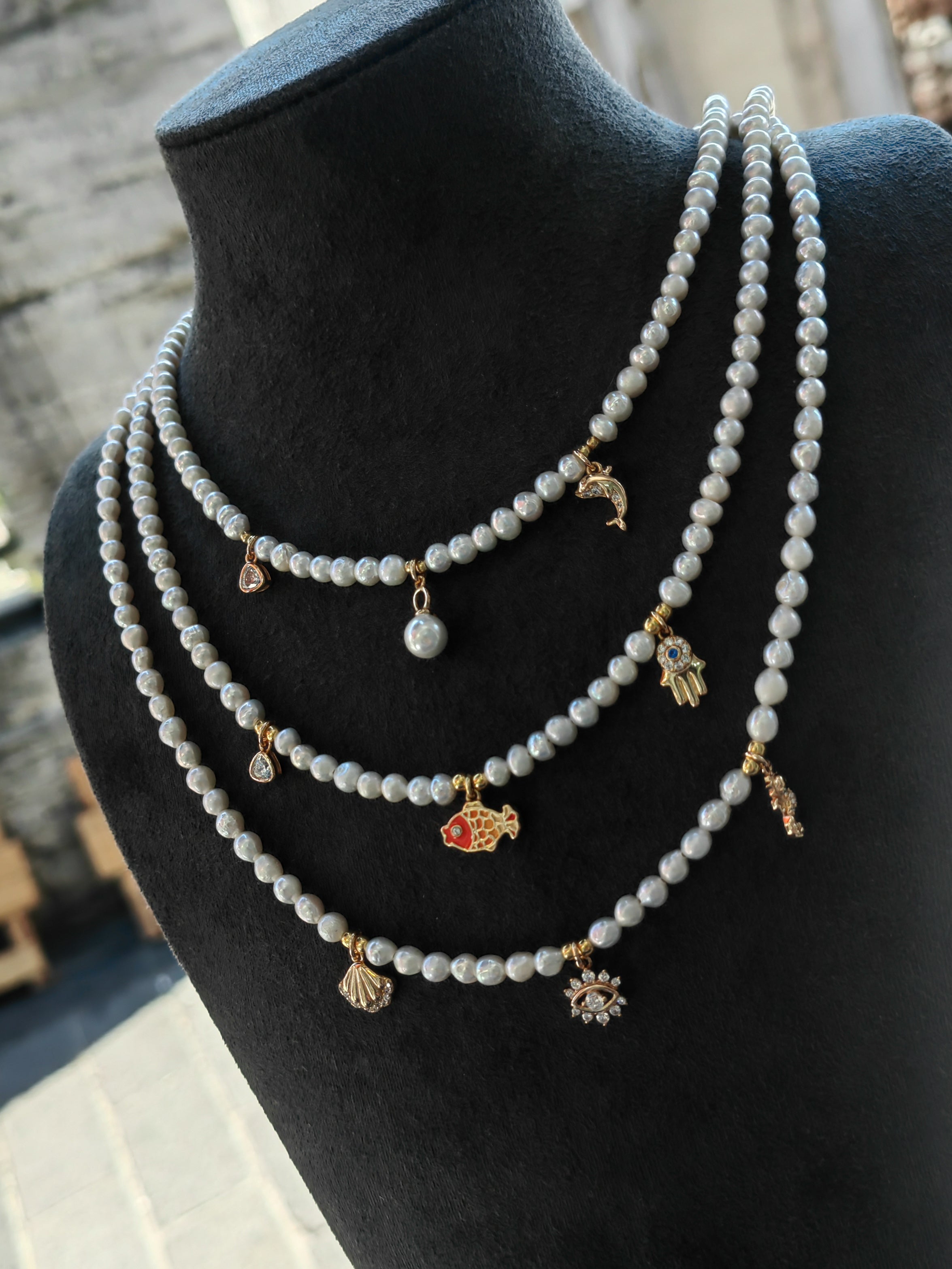 Handcrafted 4mm Freshwater Pearl Mixed Charm Sterling Silver Necklace – Dainty Multi Object Beaded Layering Necklace, Boho Eclectic Jewelry Gift for Her