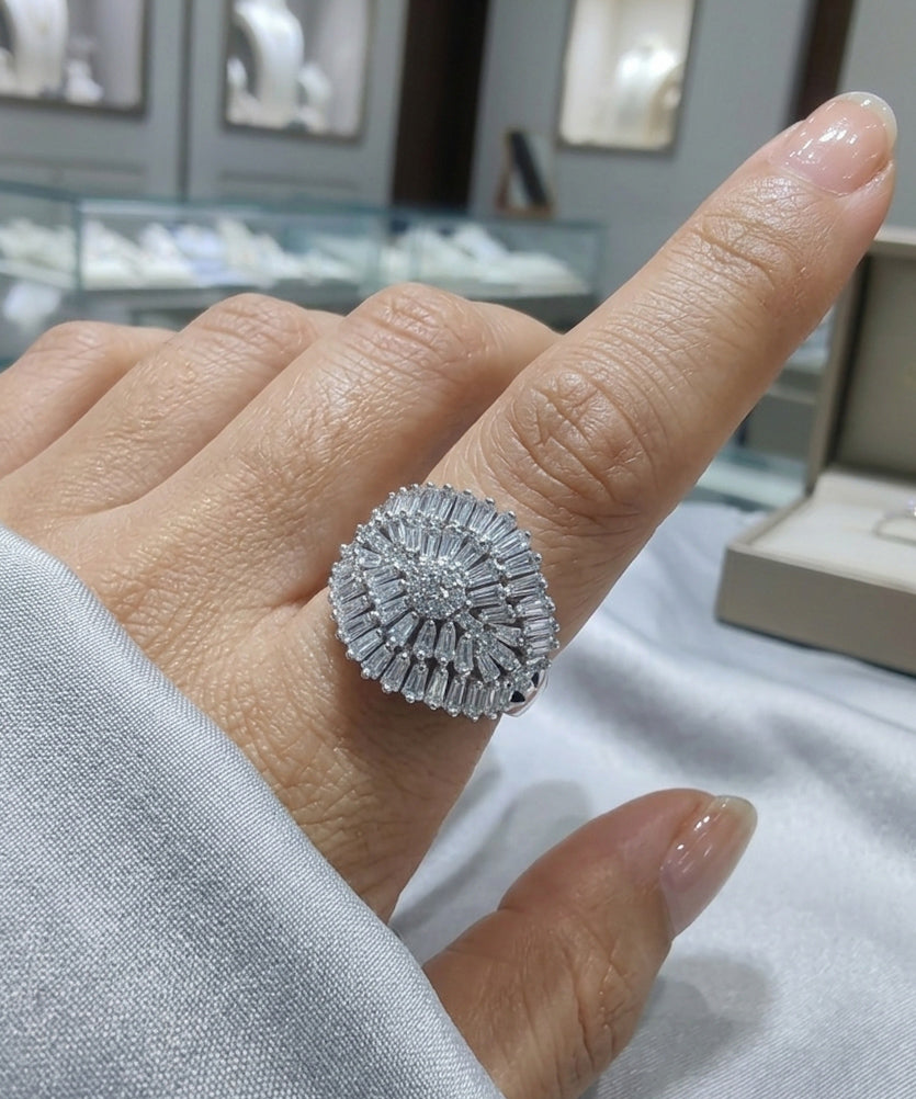 White Gold Cocktail Ring, Pave and Baguette Diamond Simulant Ring, Oval Statement Band, Boho Bridal Jewelry, Gift for Wife