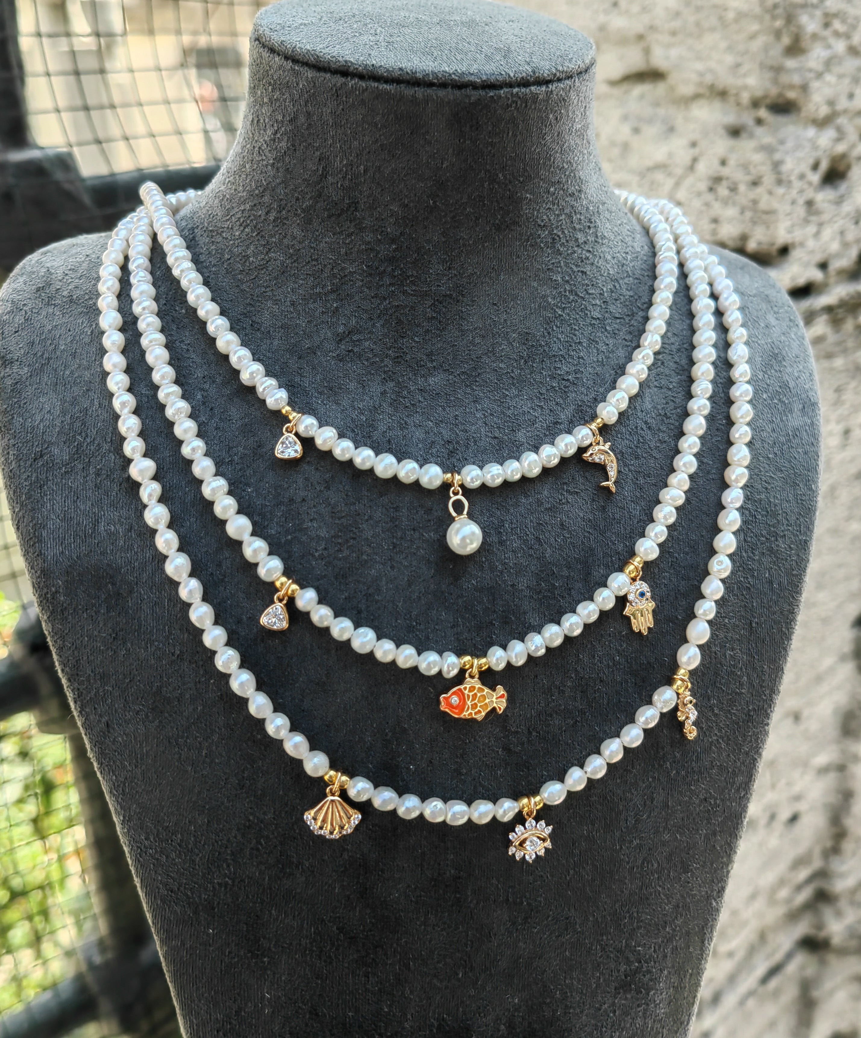 Handcrafted 4mm Freshwater Pearl Mixed Charm Sterling Silver Necklace – Dainty Multi Object Beaded Layering Necklace, Boho Eclectic Jewelry Gift for Her