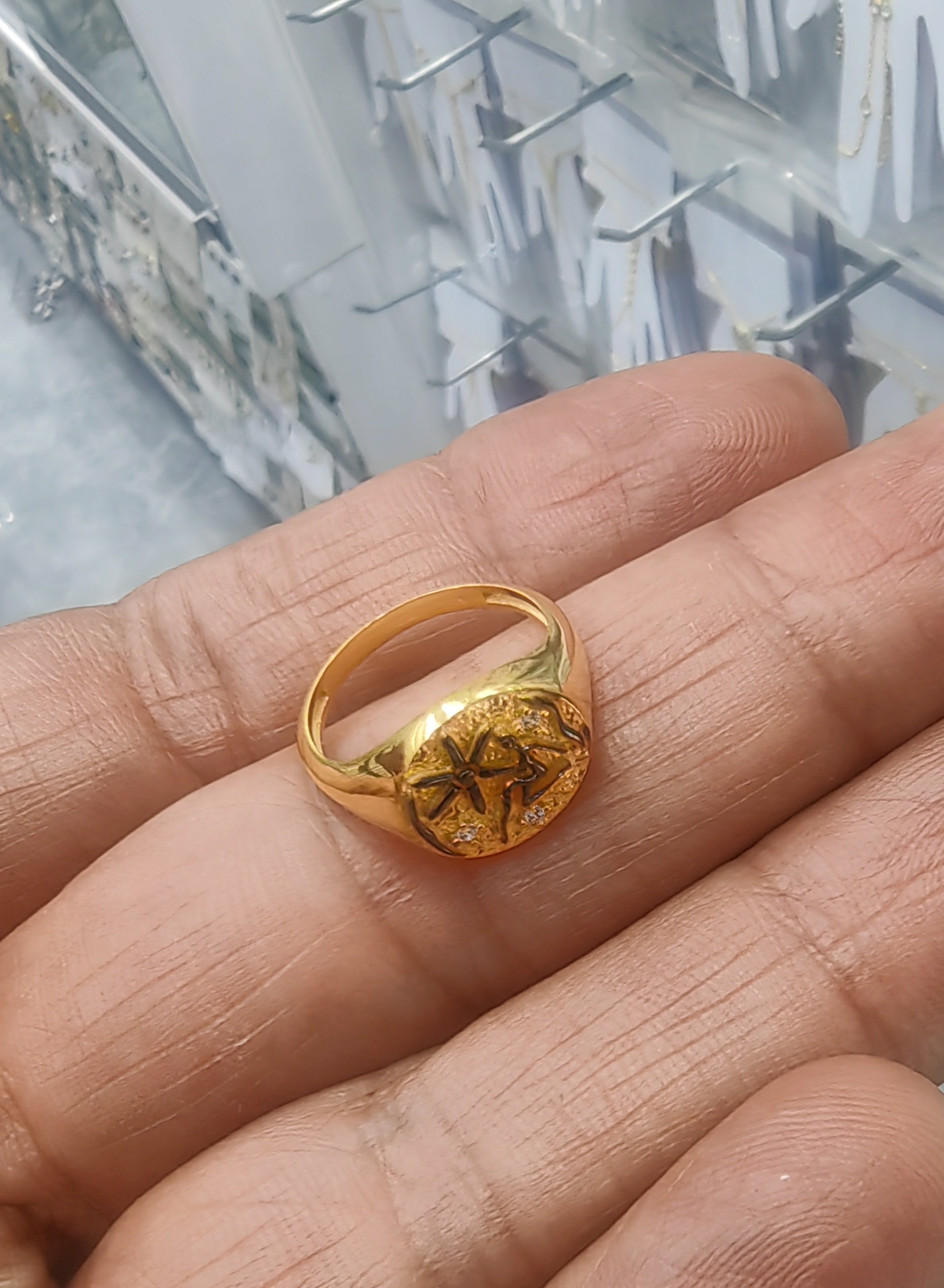 Handcrafted Gold Celestial Signet Ring - Vintage Style Engraved Star Ring