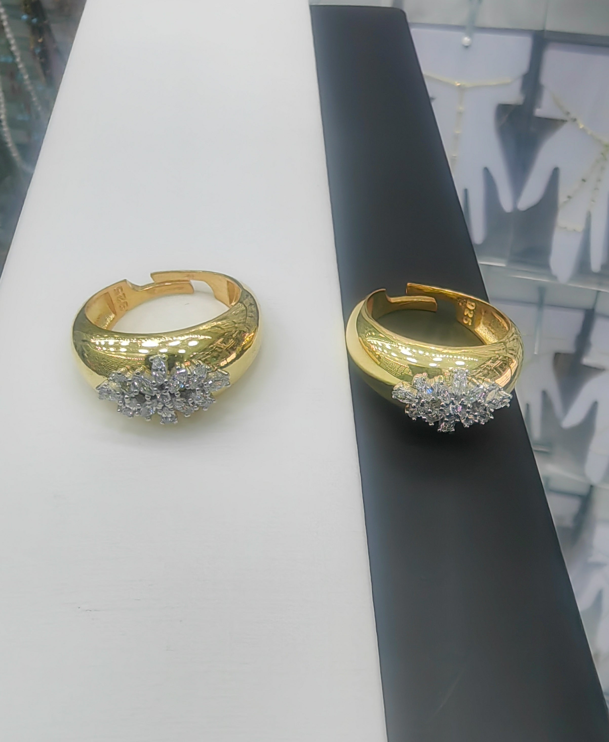 Gold Plated CZ Cluster Dome Ring – 925 Sterling Silver | Adjustable | Engraved Band