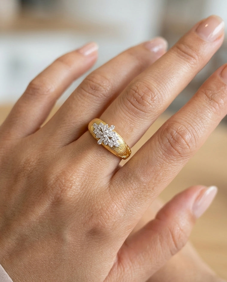 Gold Plated CZ Cluster Dome Ring – 925 Sterling Silver | Adjustable | Engraved Band