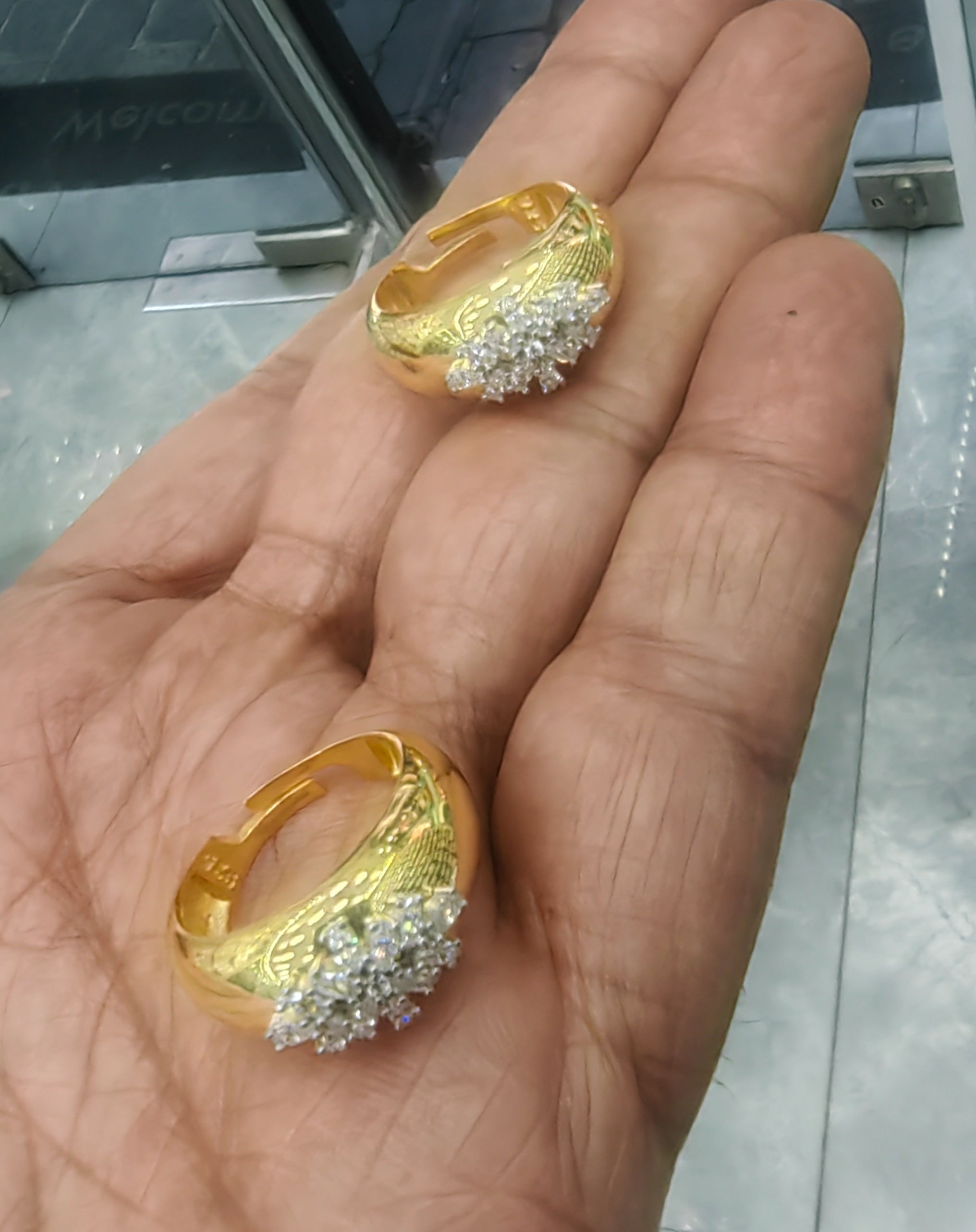 Gold Plated CZ Cluster Dome Ring – 925 Sterling Silver | Adjustable | Engraved Band