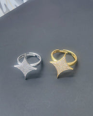 Caught Mid-Sparkle – 925 Sterling Silver Full Pave CZ Four Point Star Ring, Adjustable Celestial Statement Ring in Yellow Gold or Rhodium