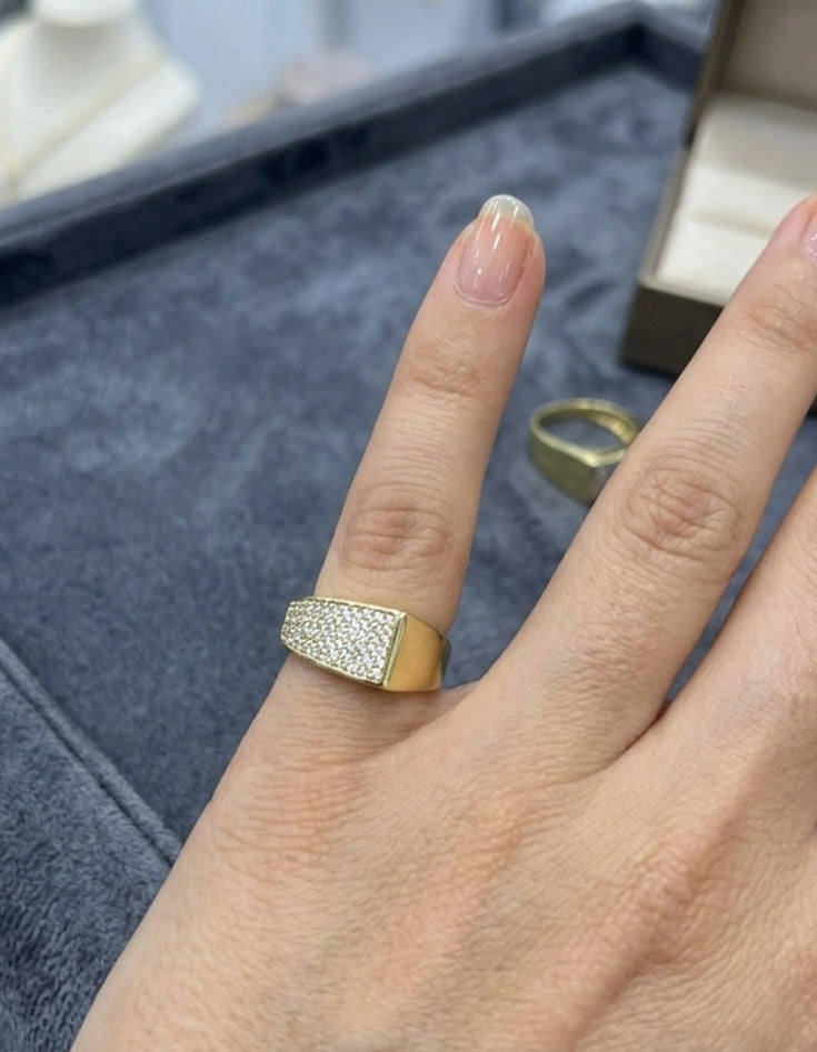 Half Iced, Half Gold – 925 Silver Full Pave CZ Saddle Pinky Ring in Yellow Gold, Rose Gold or Rhodium Finish